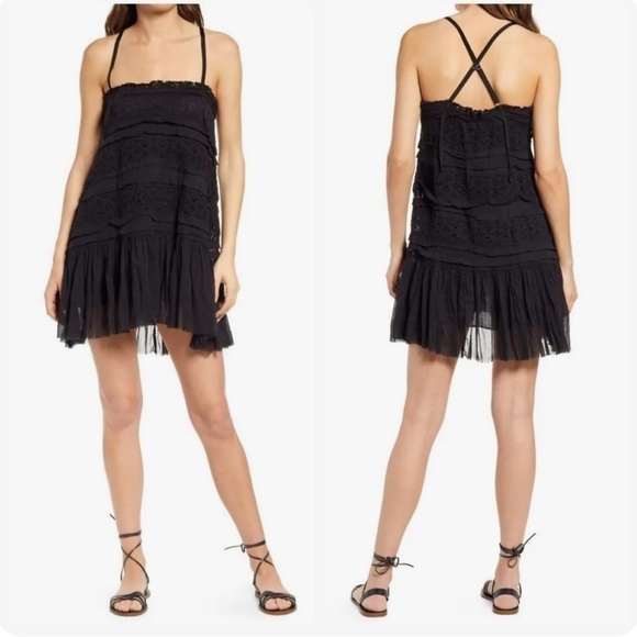 Free People Black Shailee slip mini dress with cami straps pleated hem sz Small - Picture 2 of 16